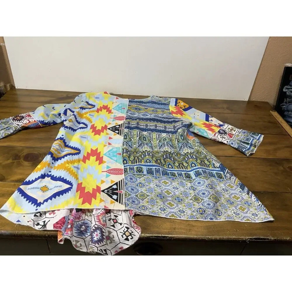 Calessa 3X Colorful Patchwork Print Flared Sleeve Lagenlook Womens Blouse - Picture 10 of 11